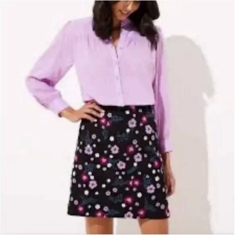 LOFT Women's Floral Embroidered Flower Skirt Black Purple Pink Size 2